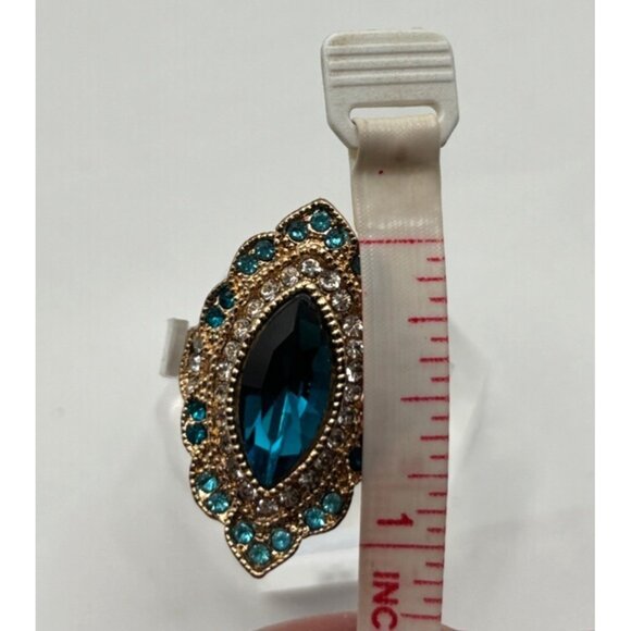 Marquise Statement Ring Size 7 Blue & Clear Rhinestones Cocktail Wedding Sparkle - Picture 5 of 9